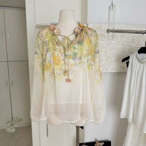 Designer-Style Floral Ruffle-Neck Sheer Blouse - Yellow Floral
